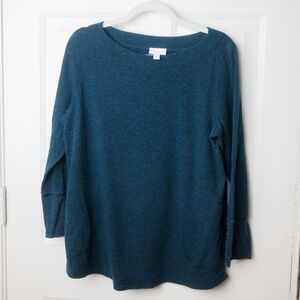 J Jill Womens Shirt Long Sleeve Boat Neck Waffle Print Button Detail Blue L